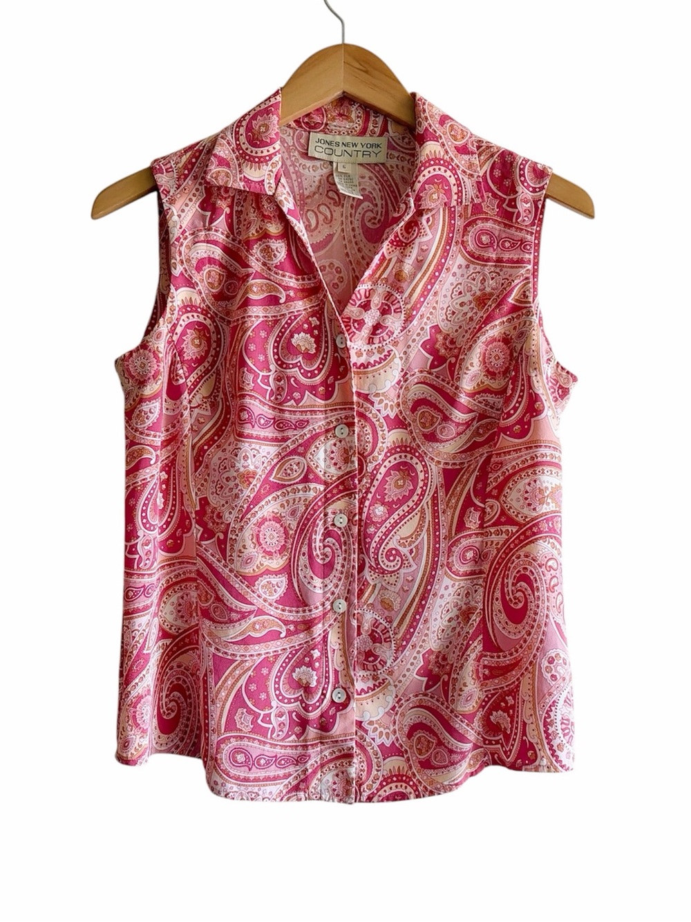 90s Jones NY silk sleeveless pink paisley print button down top size 6